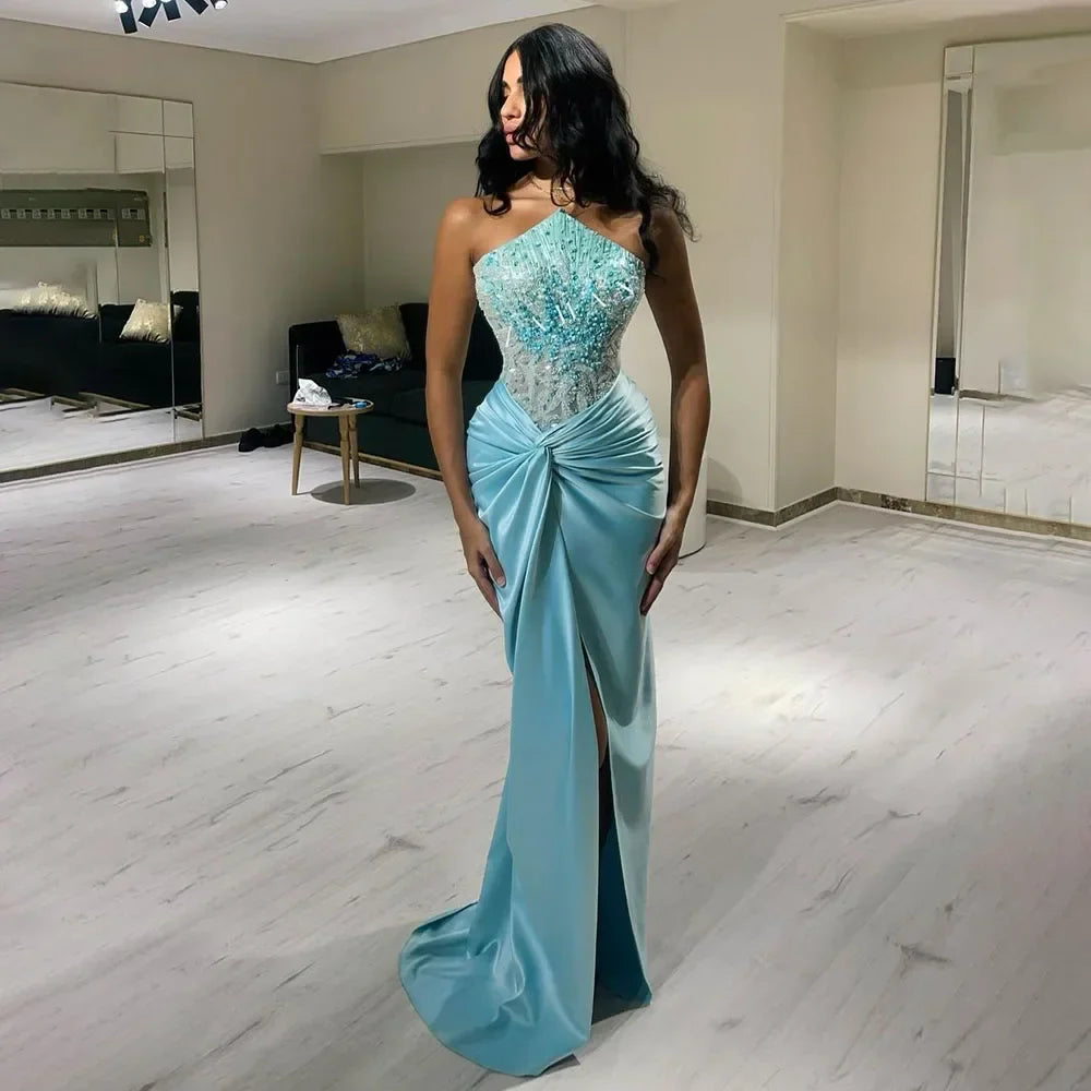 Serene Hill Blue Split Mermaid Luxury Beaded Arabic Dubai Evening Dresses Gowns for Women Wedding Party LA72572