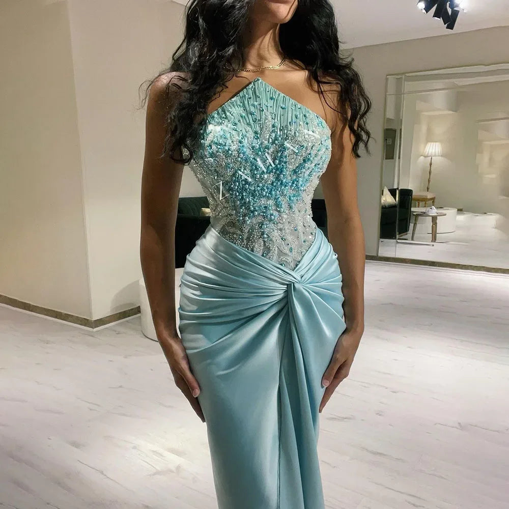 Serene Hill Blue Split Mermaid Luxury Beaded Arabic Dubai Evening Dresses Gowns for Women Wedding Party LA72572