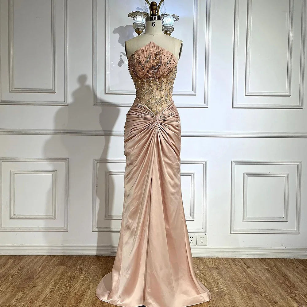 Serene Hill Blue Split Mermaid Luxury Beaded Arabic Dubai Evening Dresses Gowns for Women Wedding Party LA72572