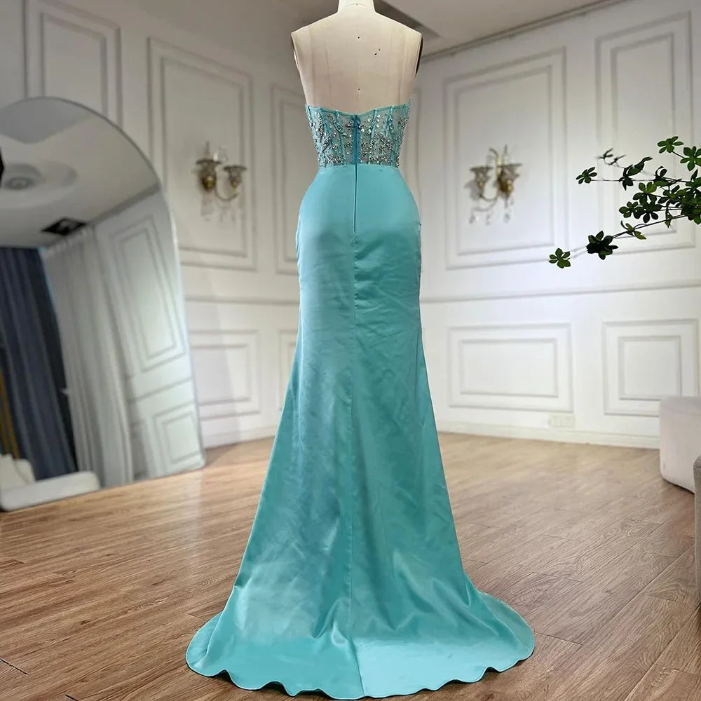Serene Hill Blue Split Mermaid Luxury Beaded Arabic Dubai Evening Dresses Gowns for Women Wedding Party LA72572