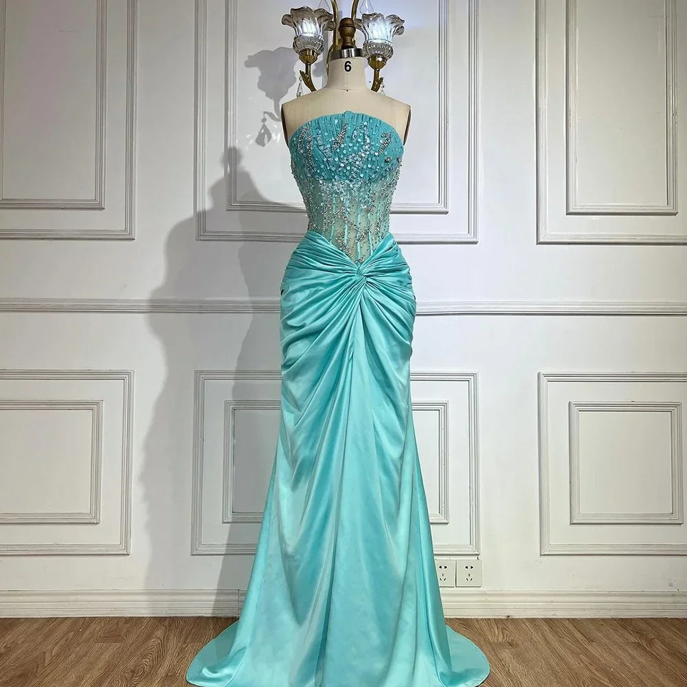 Serene Hill Blue Split Mermaid Luxury Beaded Arabic Dubai Evening Dresses Gowns for Women Wedding Party LA72572