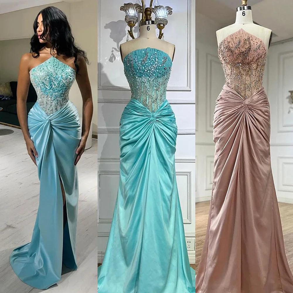 Serene Hill Blue Split Mermaid Luxury Beaded Arabic Dubai Evening Dresses Gowns for Women Wedding Party LA72572