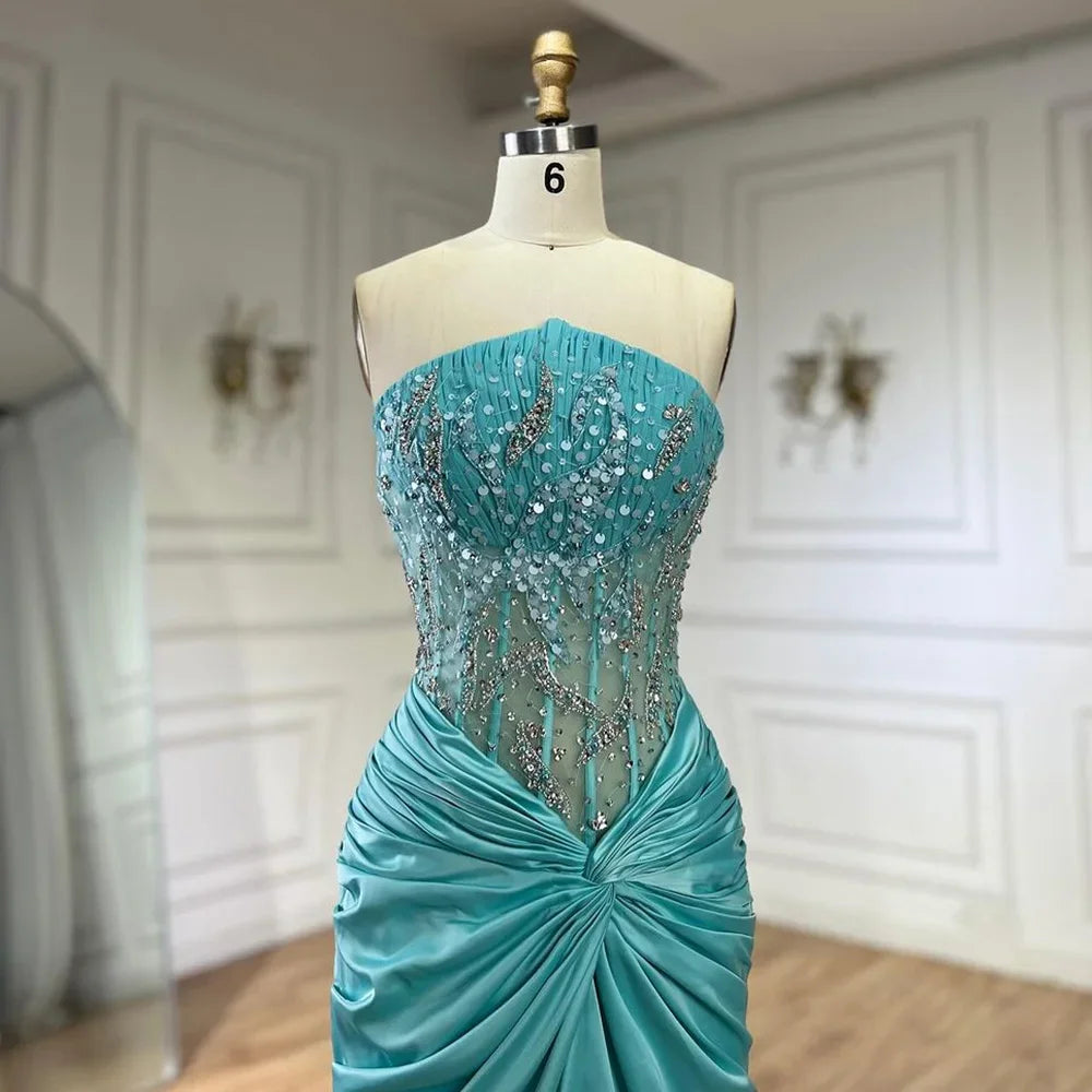 Serene Hill Blue Split Mermaid Luxury Beaded Arabic Dubai Evening Dresses Gowns for Women Wedding Party LA72572