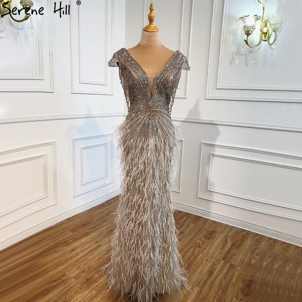 Brown Mermaid Elegant Luxury Beaded Evening Dress Gown with Feathers LA70801