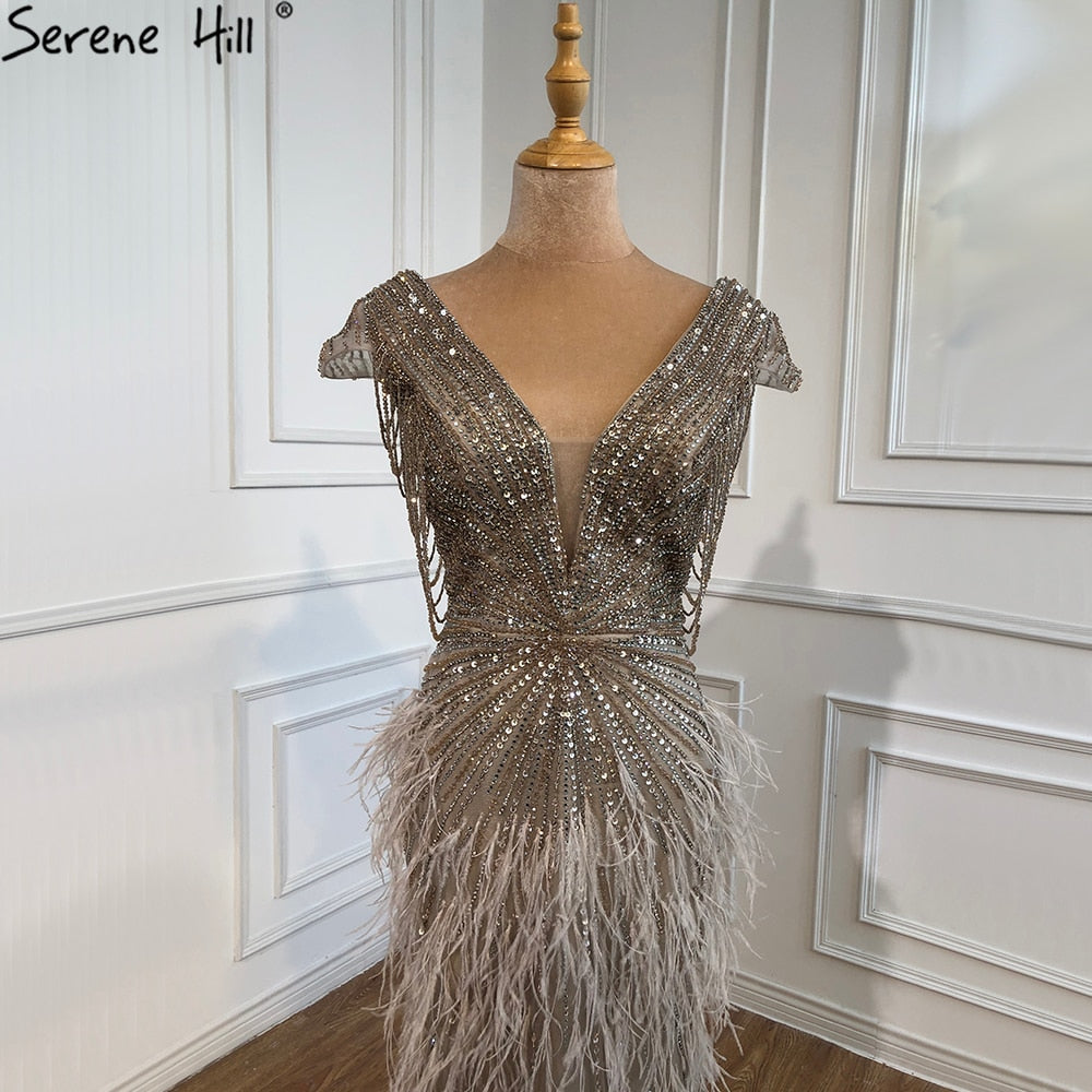 Brown Mermaid Elegant Luxury Beaded Evening Dress Gown with Feathers LA70801