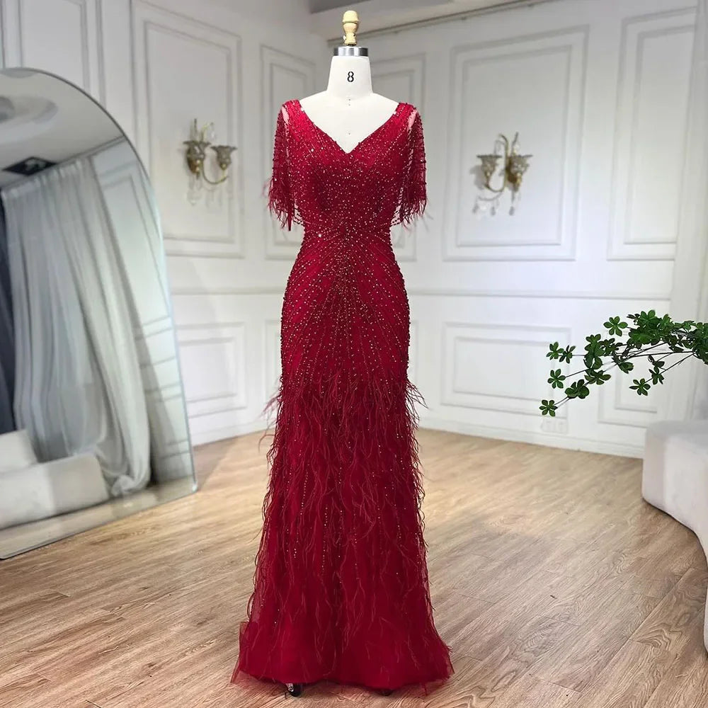 Dubai Feathers Brown Mermaid Evening Dresses LA71323