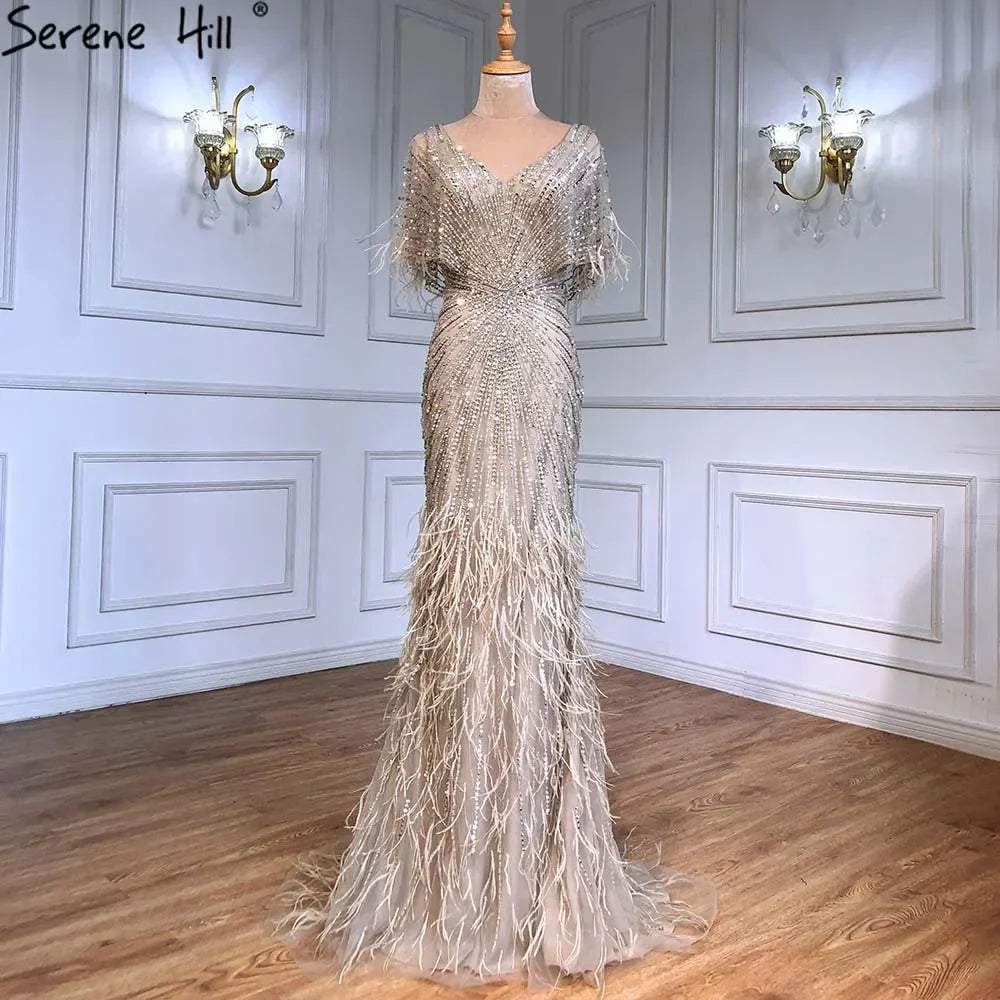 Dubai Feathers Brown Mermaid Evening Dresses LA71323