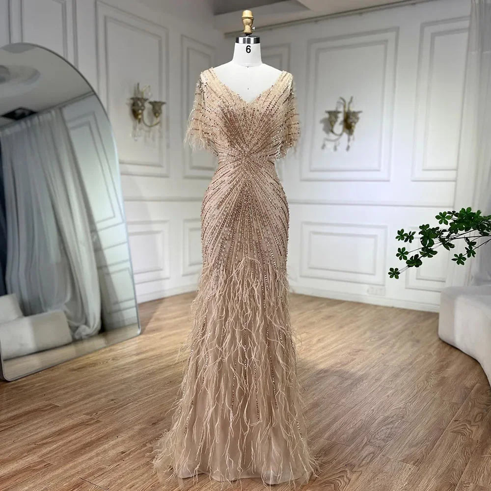 Dubai Feathers Brown Mermaid Evening Dresses LA71323