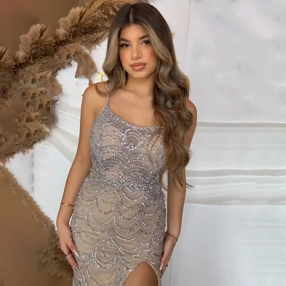 On Sale no return no refund Luxury Dubai Lilac Elegant Spaghetti Strap Split Beaded Formal Luxury Arabic Mermaid Evening Dresses for Formal Occasion LA72109