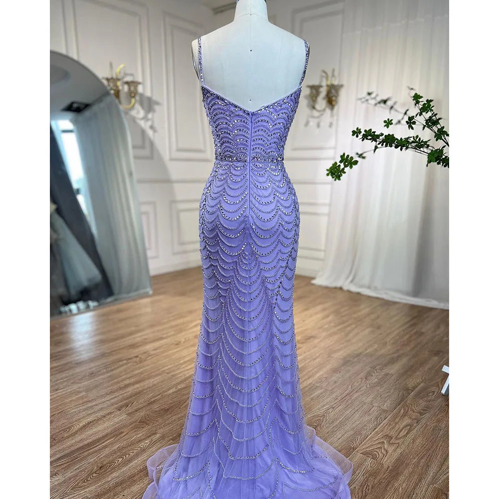 On Sale no return no refund Luxury Dubai Lilac Elegant Spaghetti Strap Split Beaded Formal Luxury Arabic Mermaid Evening Dresses for Formal Occasion LA72109