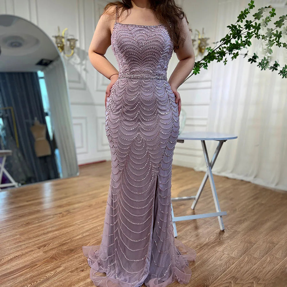 On Sale no return no refund Luxury Dubai Lilac Elegant Spaghetti Strap Split Beaded Formal Luxury Arabic Mermaid Evening Dresses for Formal Occasion LA72109