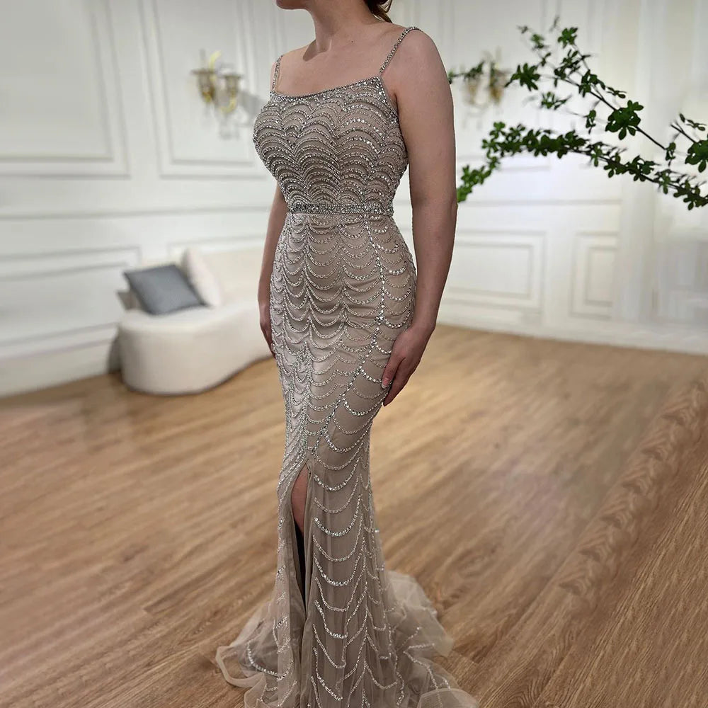 On Sale no return no refund Luxury Dubai Lilac Elegant Spaghetti Strap Split Beaded Formal Luxury Arabic Mermaid Evening Dresses for Formal Occasion LA72109