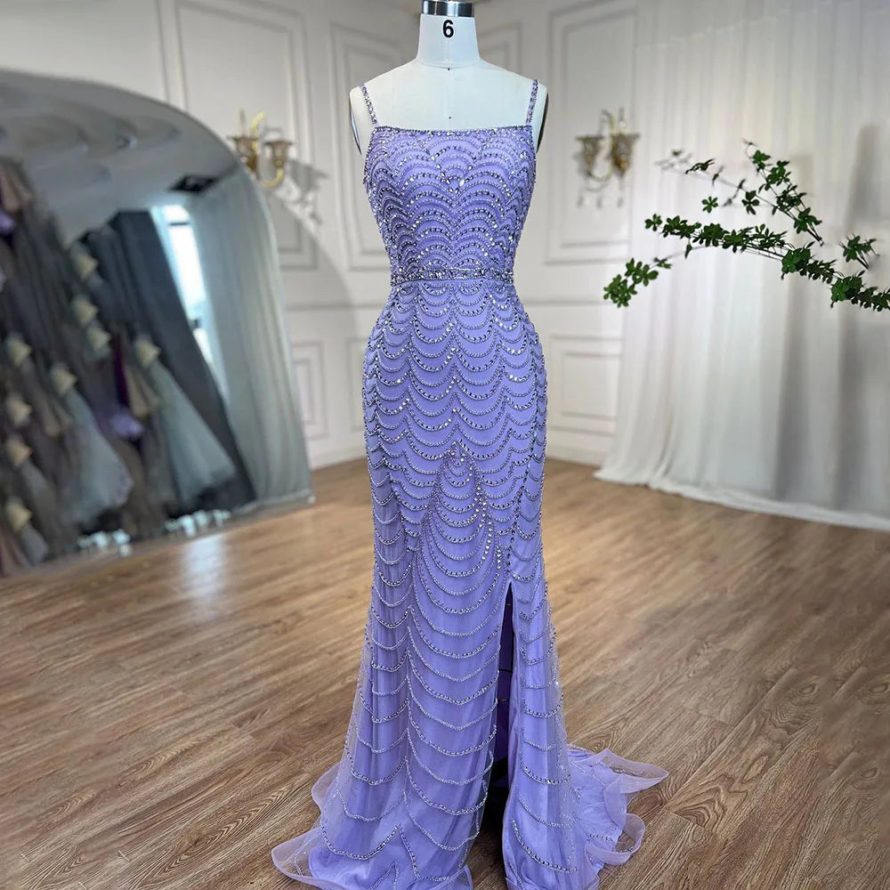 On Sale no return no refund Luxury Dubai Lilac Elegant Spaghetti Strap Split Beaded Formal Luxury Arabic Mermaid Evening Dresses for Formal Occasion LA72109