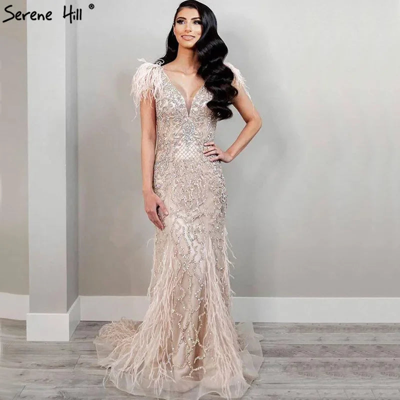 Serene Hill Champagne Mermaid Elegant Evening Dresses Diamond Feathers Sleeveless Formal Luxury Beaded LA70350