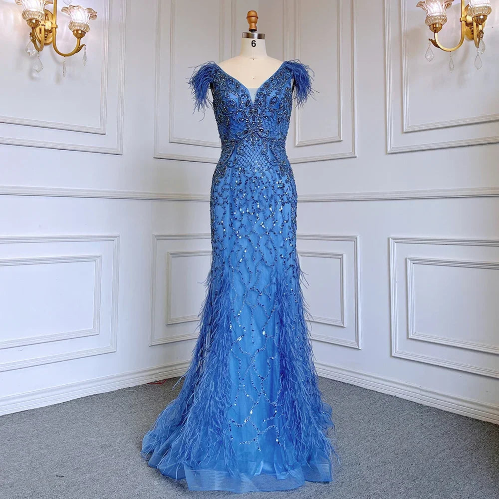 Serene Hill Champagne Mermaid Elegant Evening Dresses Diamond Feathers Sleeveless Formal Luxury Beaded LA70350