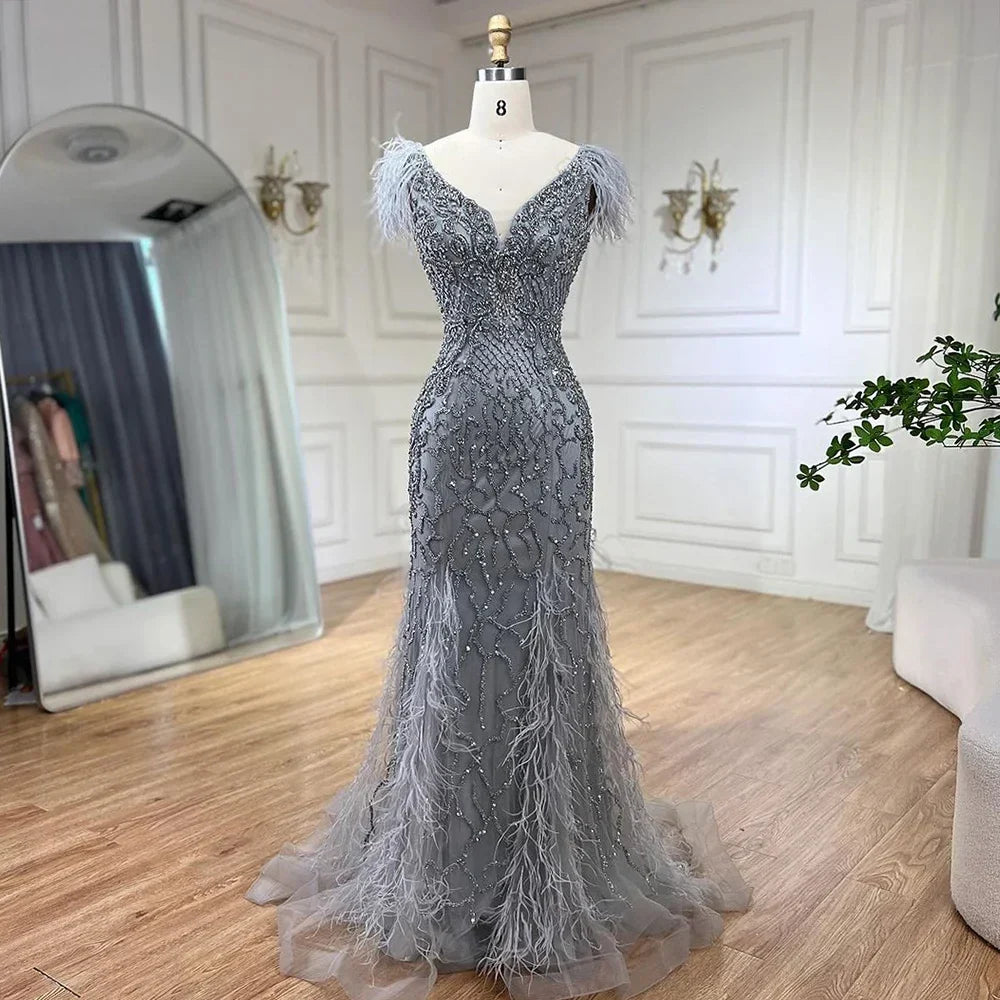 Serene Hill Champagne Mermaid Elegant Evening Dresses Diamond Feathers Sleeveless Formal Luxury Beaded LA70350