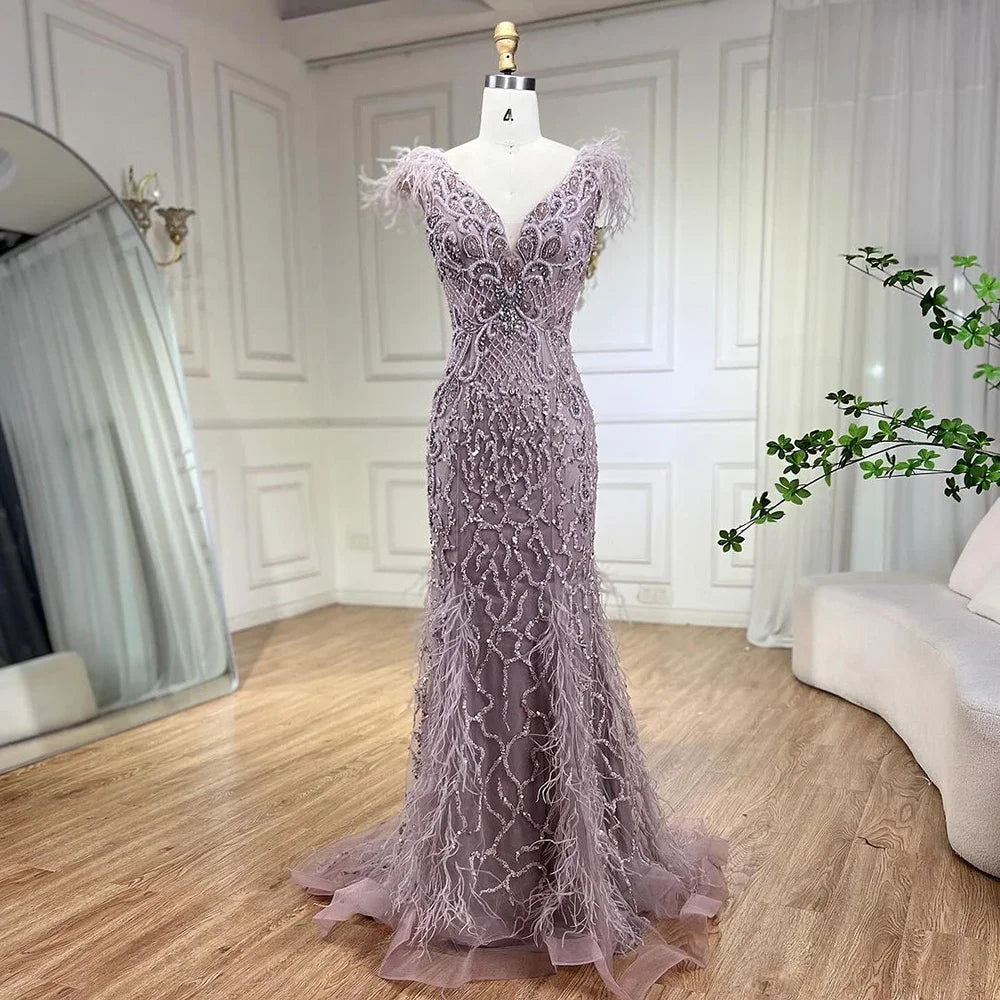 Serene Hill Champagne Mermaid Elegant Evening Dresses Diamond Feathers Sleeveless Formal Luxury Beaded LA70350