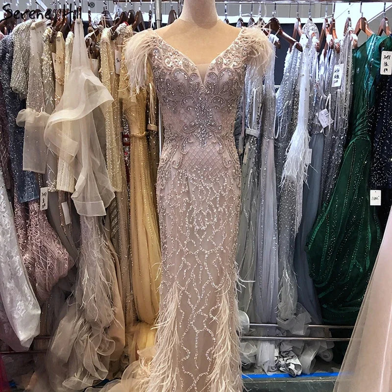 Serene Hill Champagne Mermaid Elegant Evening Dresses Diamond Feathers Sleeveless Formal Luxury Beaded LA70350
