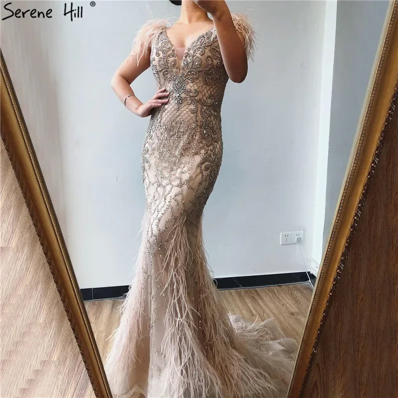 Serene Hill Champagne Mermaid Elegant Evening Dresses Diamond Feathers Sleeveless Formal Luxury Beaded LA70350