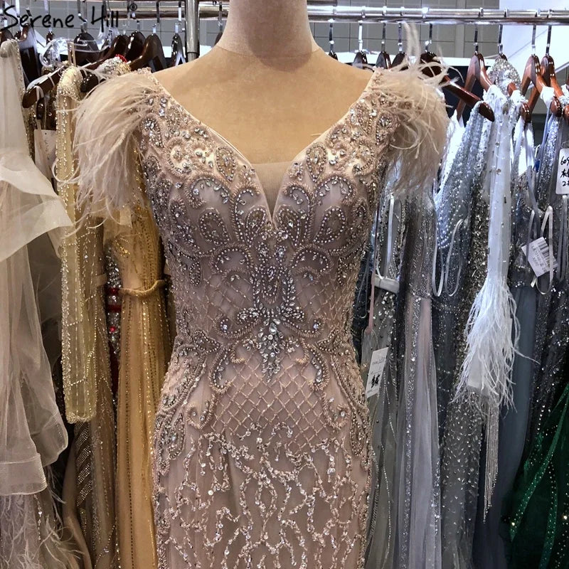 Serene Hill Champagne Mermaid Elegant Evening Dresses Diamond Feathers Sleeveless Formal Luxury Beaded LA70350