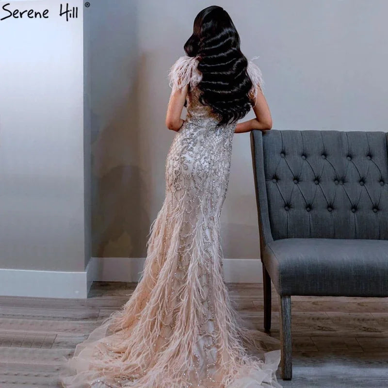 Serene Hill Champagne Mermaid Elegant Evening Dresses Diamond Feathers Sleeveless Formal Luxury Beaded LA70350