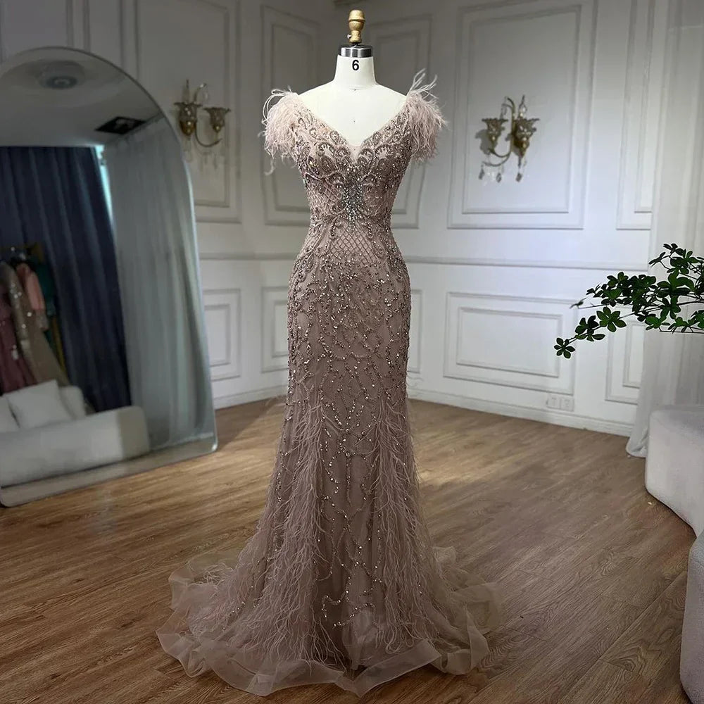 Serene Hill Champagne Mermaid Elegant Evening Dresses Diamond Feathers Sleeveless Formal Luxury Beaded LA70350