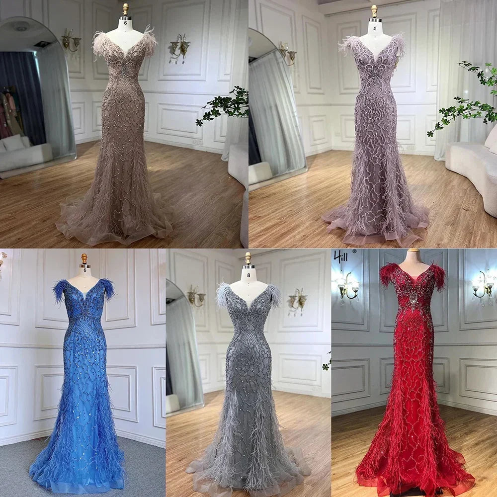 Serene Hill Champagne Mermaid Elegant Evening Dresses Diamond Feathers Sleeveless Formal Luxury Beaded LA70350