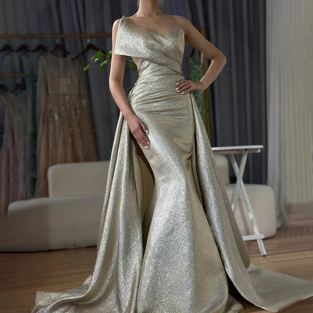 Luxury Dubai Customize Champagne Mermaid Evening Dress with Off Shoulder and Tie Design for Formal Occasion LA70626A