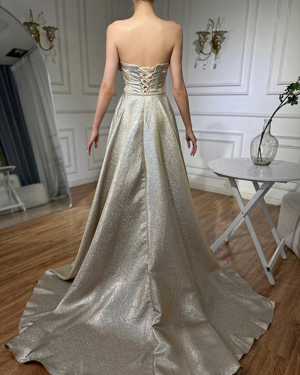Luxury Dubai Customize Champagne Mermaid Evening Dress with Off Shoulder and Tie Design for Formal Occasion LA70626A