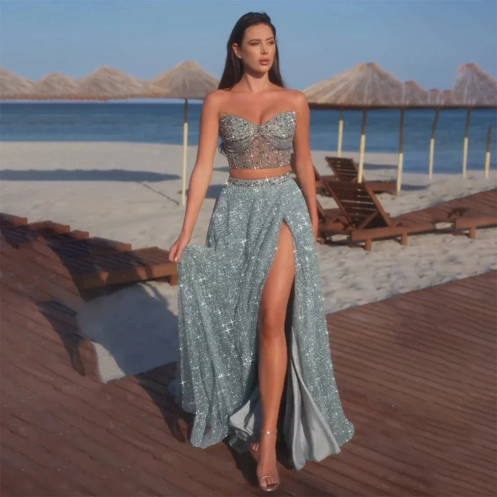Luxury Dubai Customize Saudi Turquoise Two-Piece Evening Dress with High Split for Formal Occasion LA72786