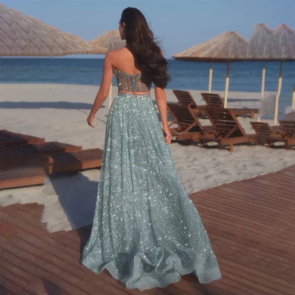 Luxury Dubai Customize Saudi Turquoise Two-Piece Evening Dress with High Split for Formal Occasion LA72786