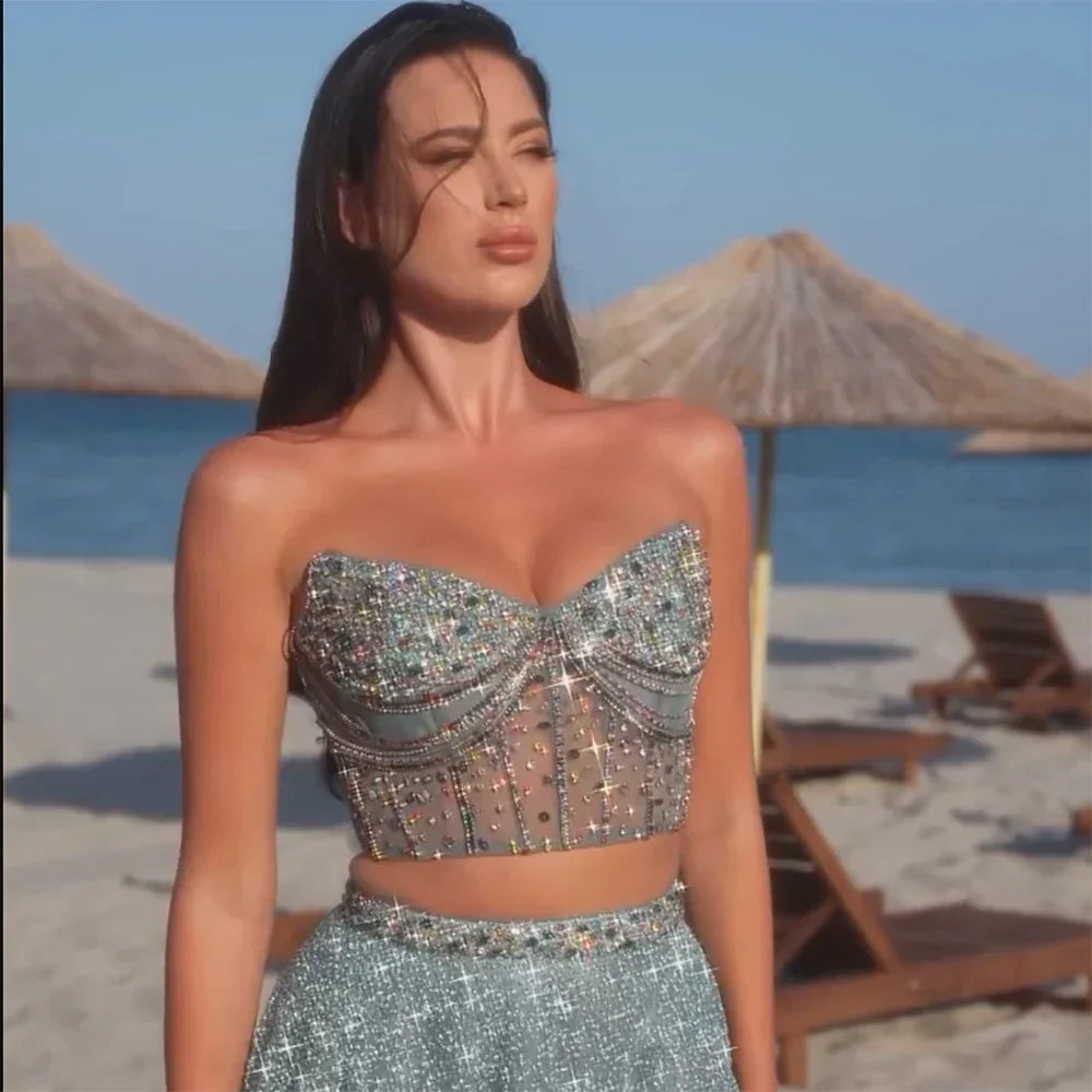 Luxury Dubai Customize Saudi Turquoise Two-Piece Evening Dress with High Split for Formal Occasion LA72786