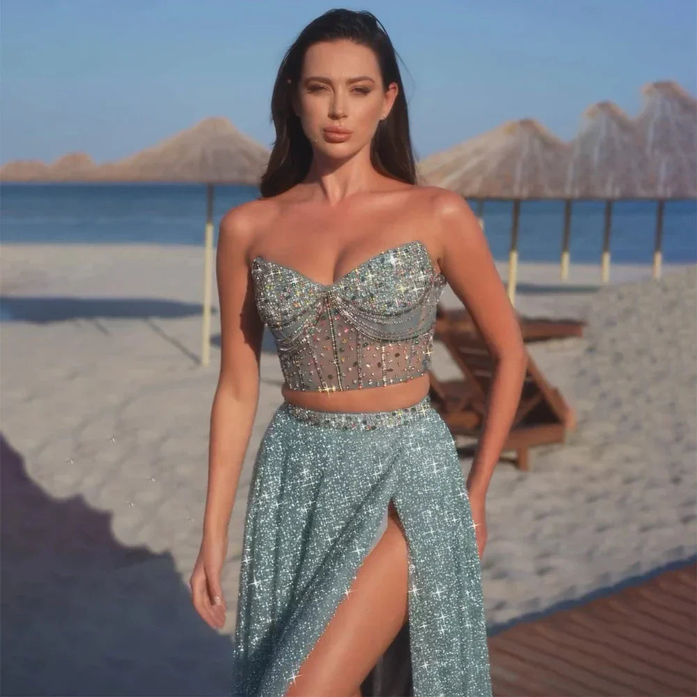 Luxury Dubai Customize Saudi Turquoise Two-Piece Evening Dress with High Split for Formal Occasion LA72786