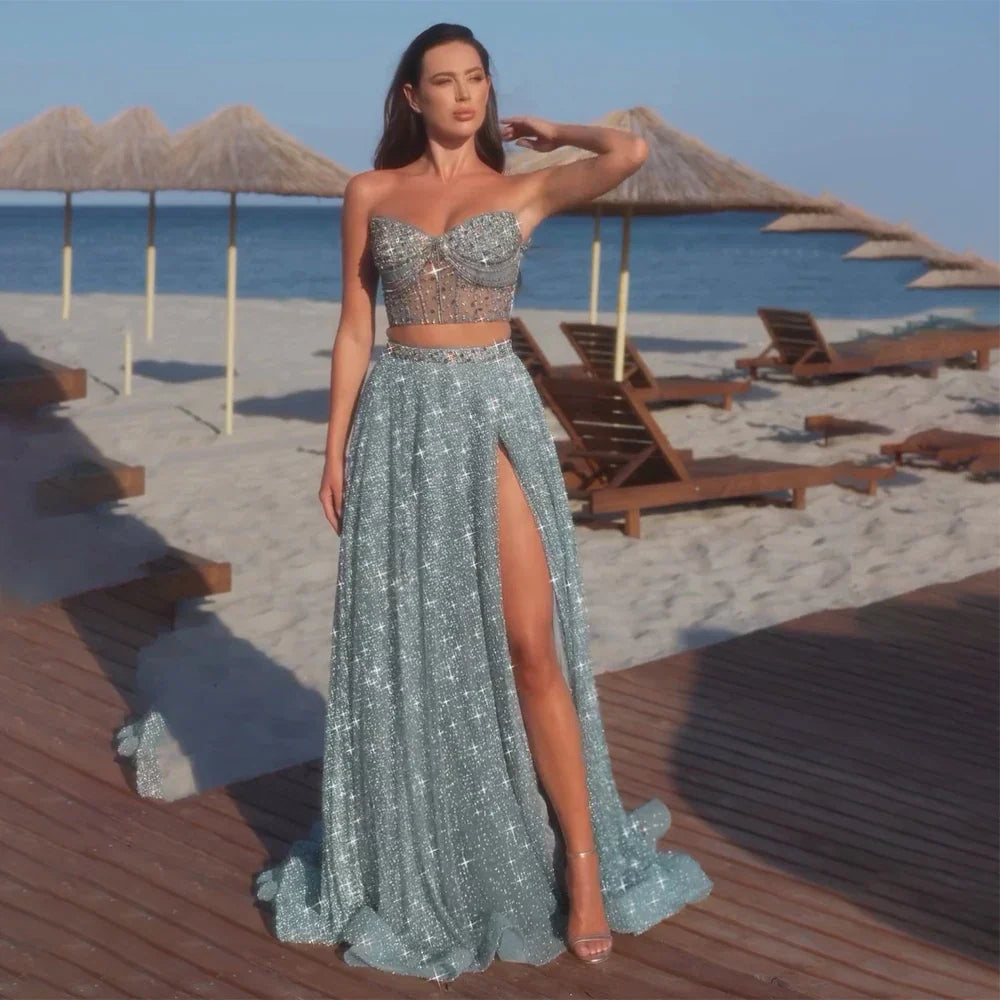Luxury Dubai Customize Saudi Turquoise Two-Piece Evening Dress with High Split for Formal Occasion LA72786