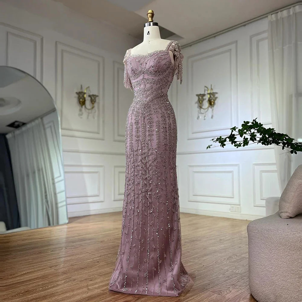 Pink Mermaid Beaded Evening Dress with Short Sleeves LA72787