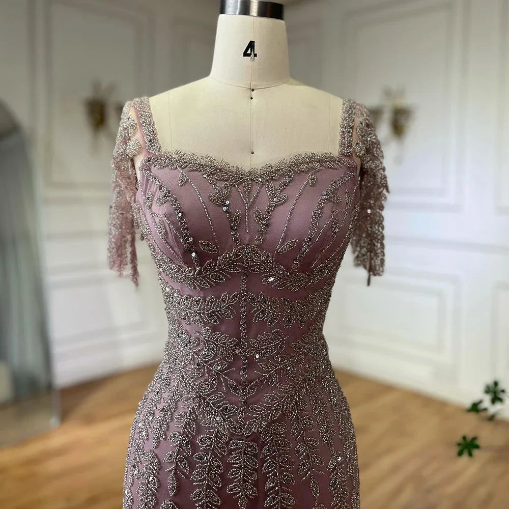 Pink Mermaid Beaded Evening Dress with Short Sleeves LA72787