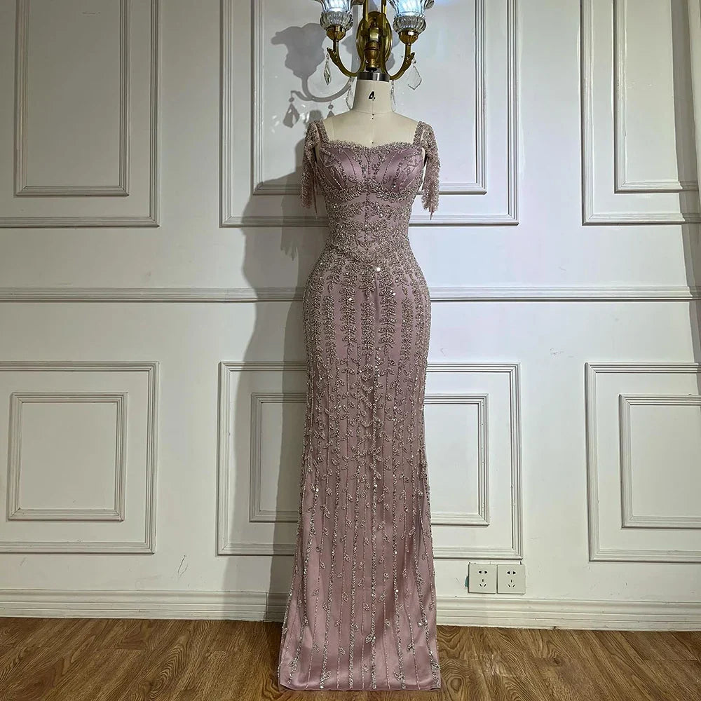 Pink Mermaid Beaded Evening Dress with Short Sleeves LA72787