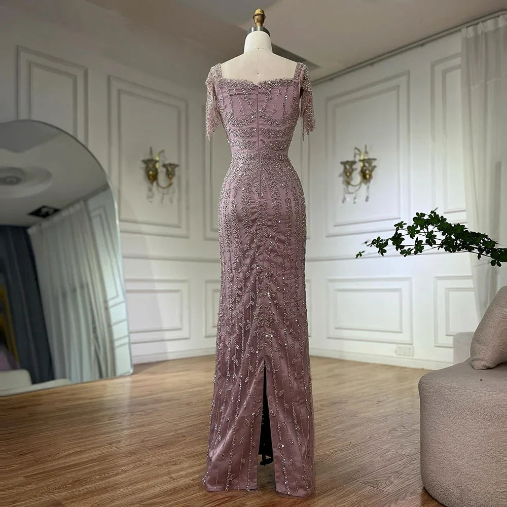 Pink Mermaid Beaded Evening Dress with Short Sleeves LA72787