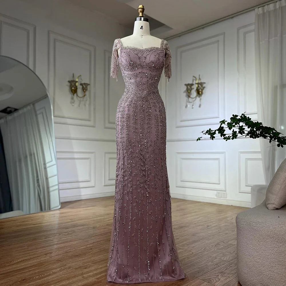 Pink Mermaid Beaded Evening Dress with Short Sleeves LA72787