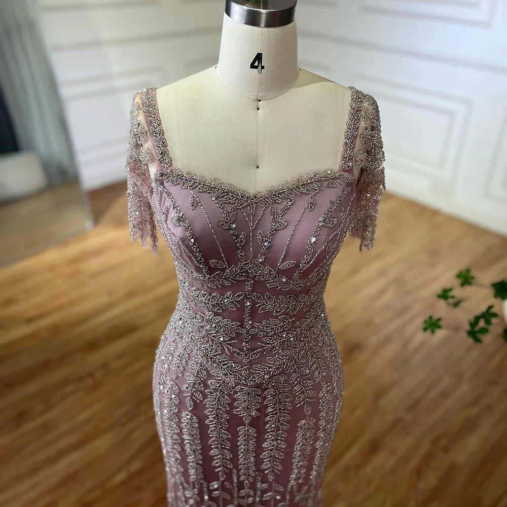 Pink Mermaid Beaded Evening Dress with Short Sleeves LA72787