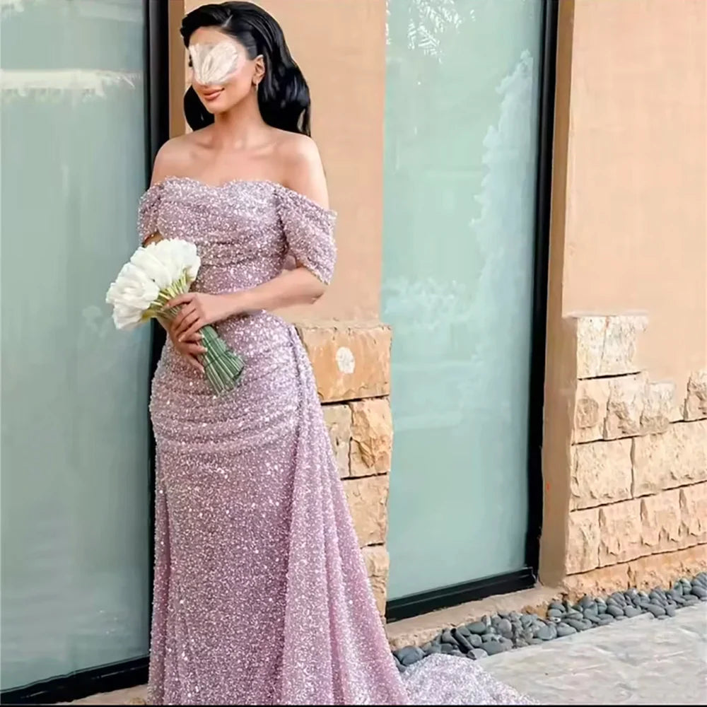 Luxury Dubai Customize Pink Elegant Saudi Mermaid Beaded Arabic Evening Dresses Gown For Formal Occasion LA72204A