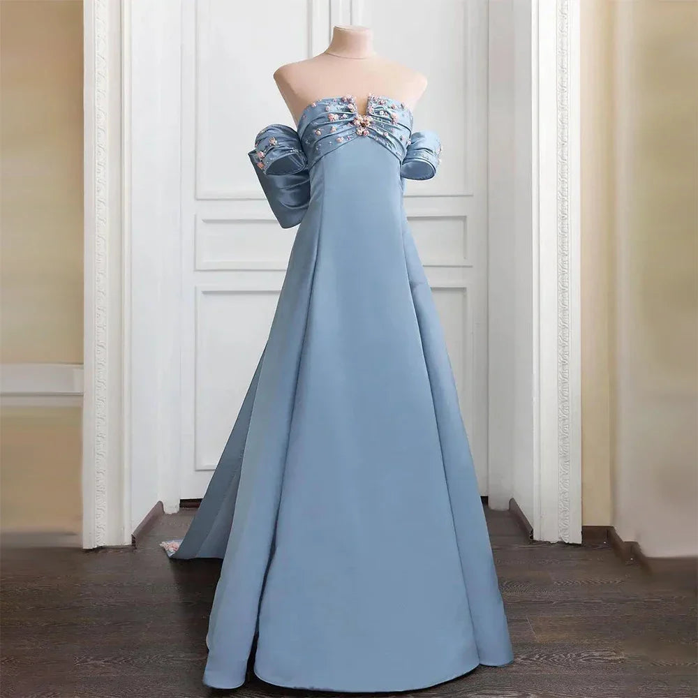 Luxury Dubai Arabic Blue Beaded A-Line Saudi Evening Gown for Formal Occasion LA72792