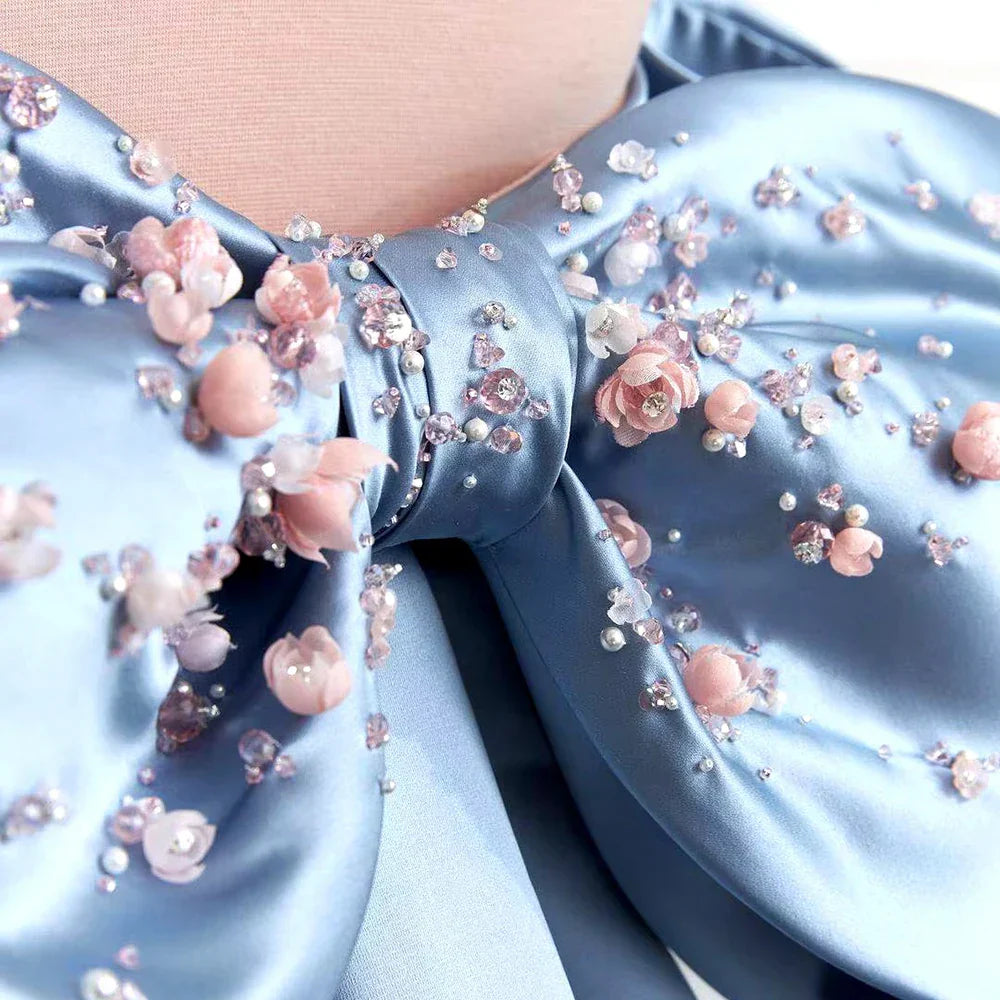 Luxury Dubai Arabic Blue Beaded A-Line Saudi Evening Gown for Formal Occasion LA72792