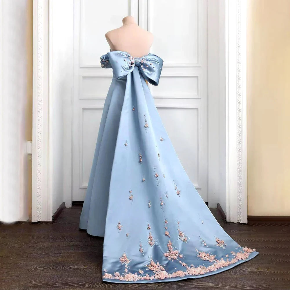 Luxury Dubai Arabic Blue Beaded A-Line Saudi Evening Gown for Formal Occasion LA72792