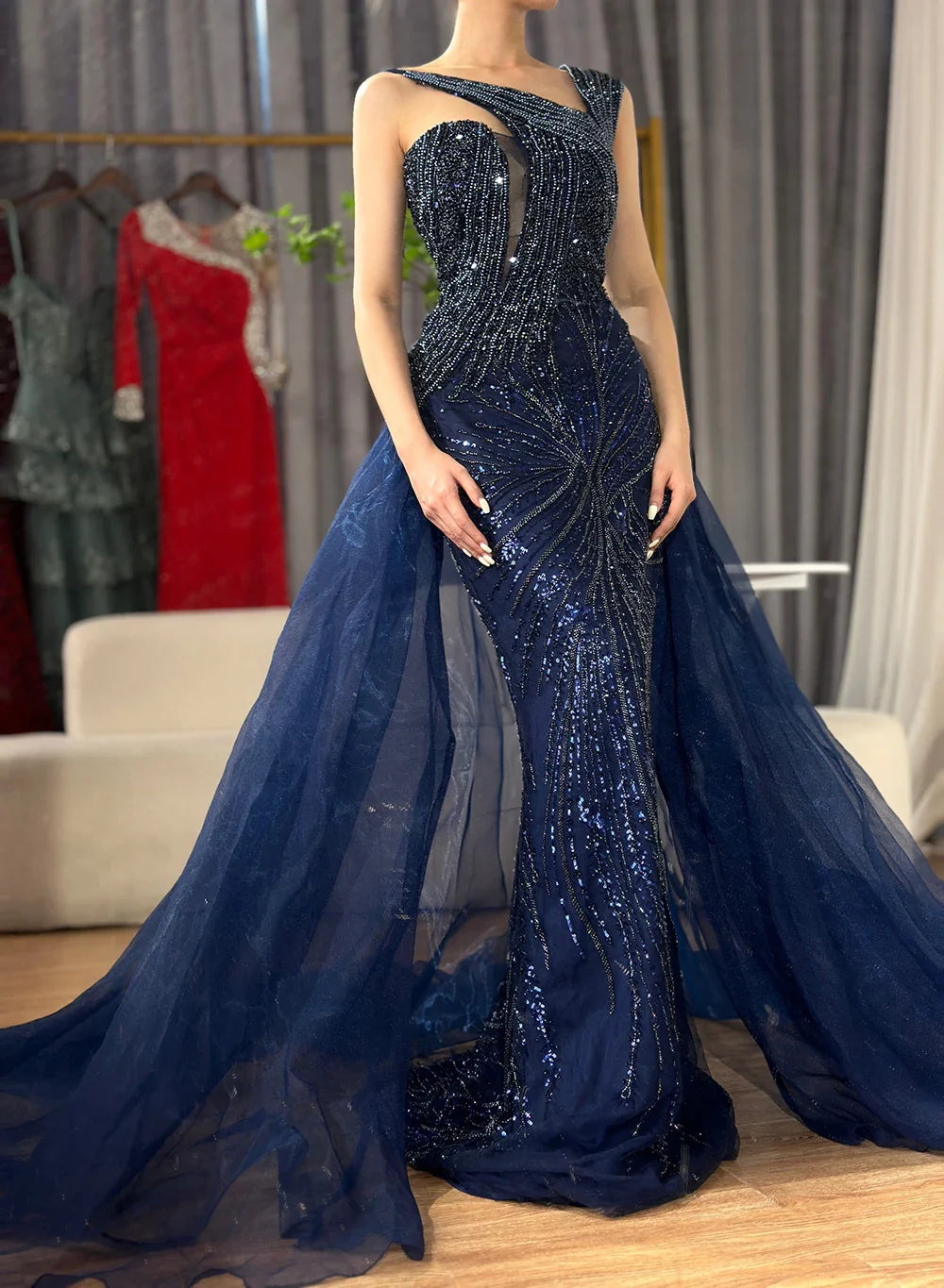Luxury Dubai Nude Mermaid Green Evening Gown with Elegant One Shoulder Overskirt for Formal Occasion LA72031A