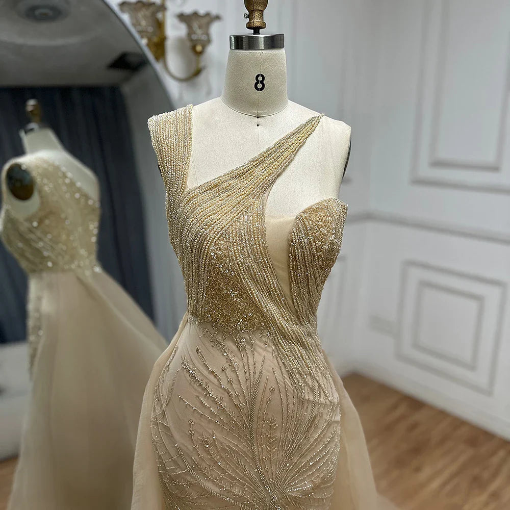 Luxury Dubai Nude Mermaid Green Evening Gown with Elegant One Shoulder Overskirt for Formal Occasion LA72031A
