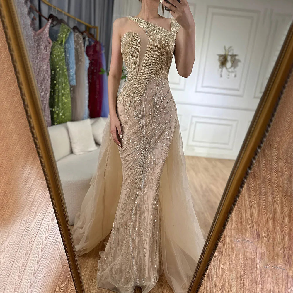 Luxury Dubai Nude Mermaid Green Evening Gown with Elegant One Shoulder Overskirt for Formal Occasion LA72031A