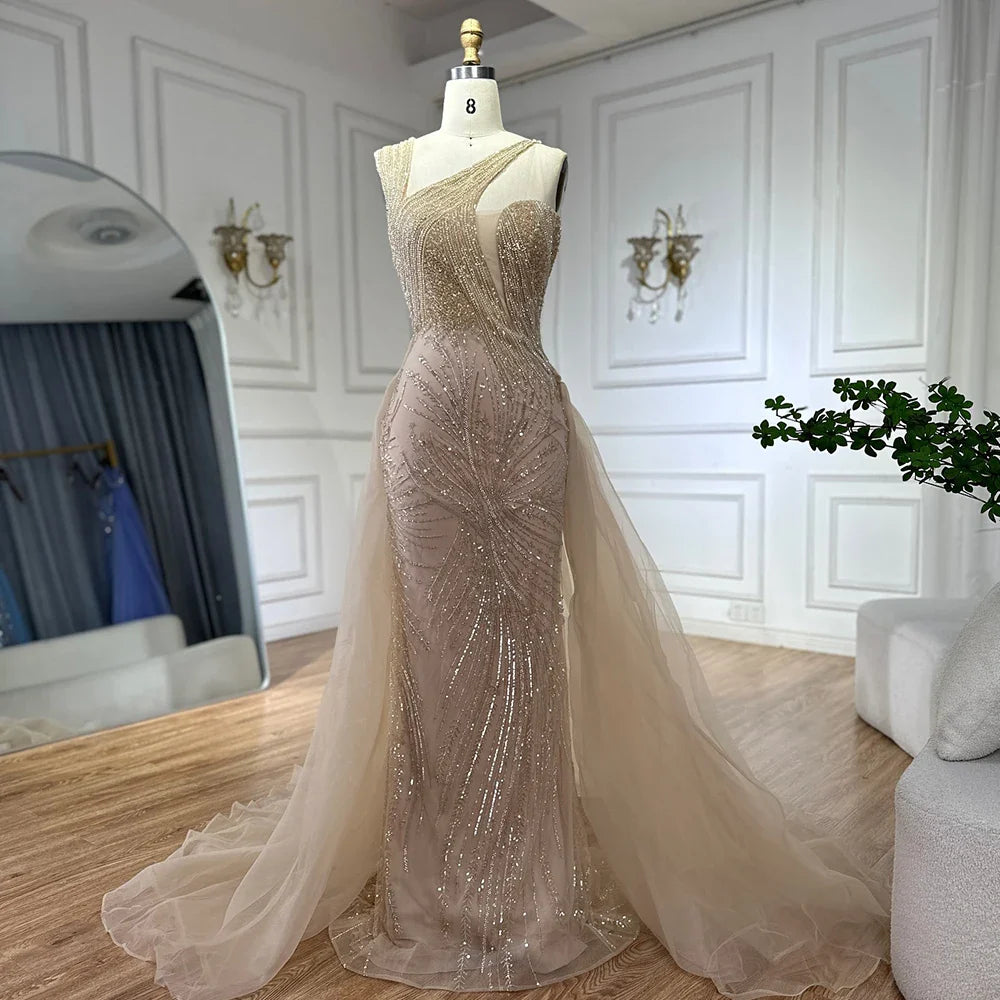 Luxury Dubai Nude Mermaid Green Evening Gown with Elegant One Shoulder Overskirt for Formal Occasion LA72031A