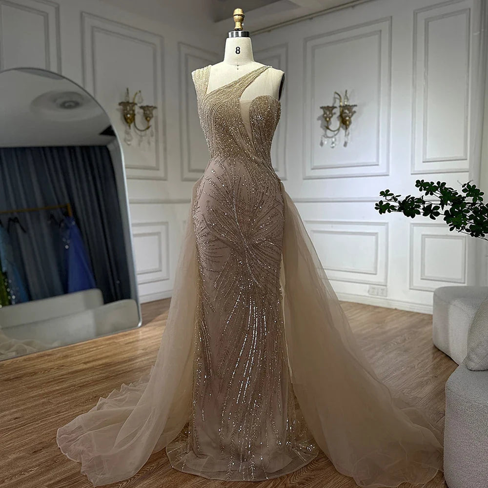 Luxury Dubai Nude Mermaid Green Evening Gown with Elegant One Shoulder Overskirt for Formal Occasion LA72031A