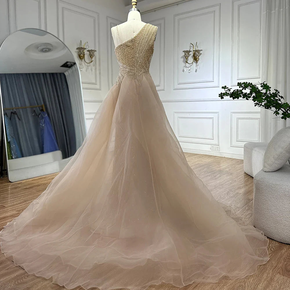 Luxury Dubai Nude Mermaid Green Evening Gown with Elegant One Shoulder Overskirt for Formal Occasion LA72031A